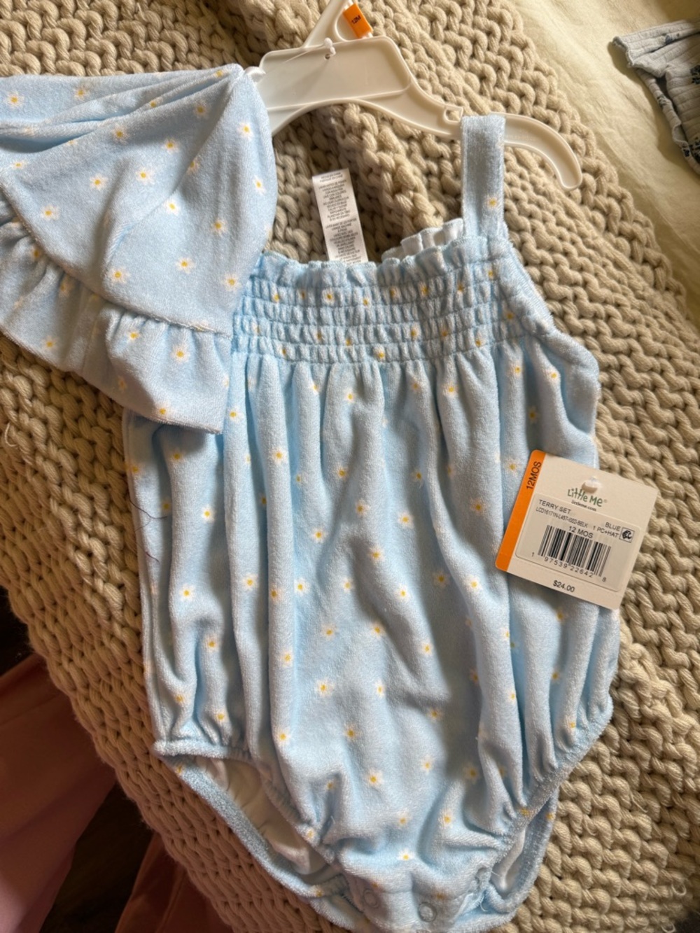 Little Me Blue Daisy Terry cloth Romper set with Hat NWT size 12 months